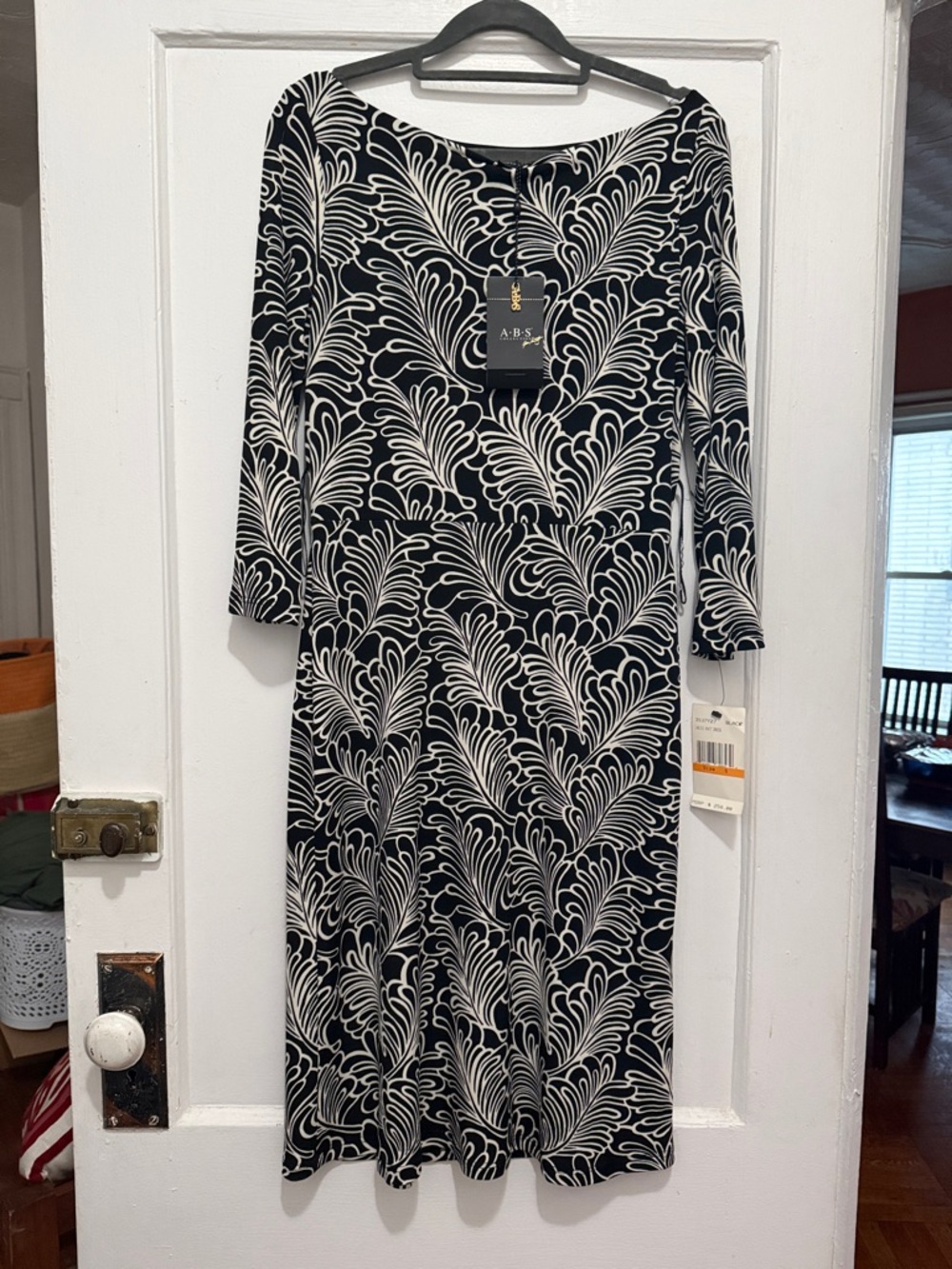 ABS Allen Schwartz Black & White Leaf-Print Midi Dress